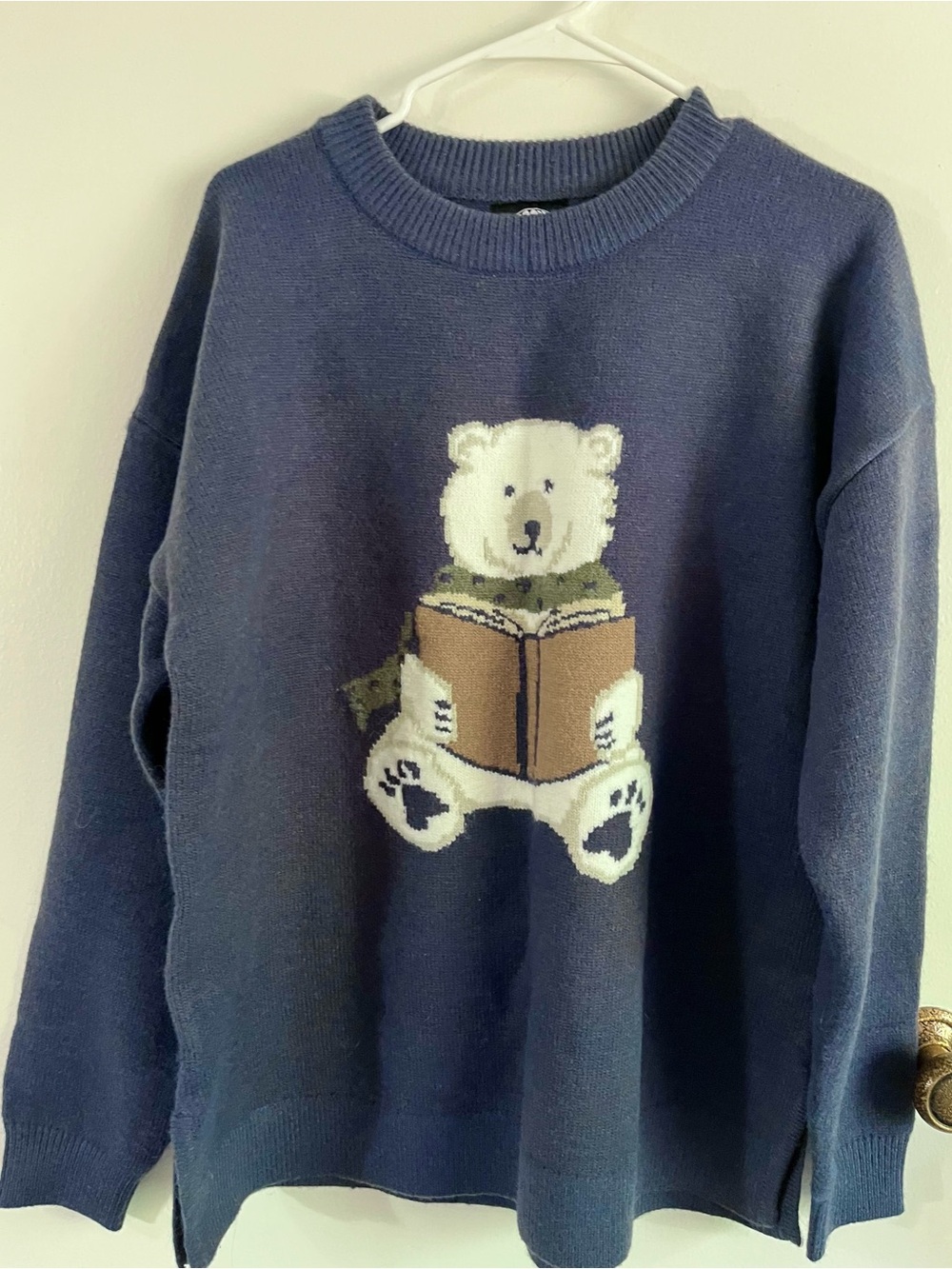 Cozy Knit Navy Blue Bear Reading Graphic Crewneck Sweater M/L